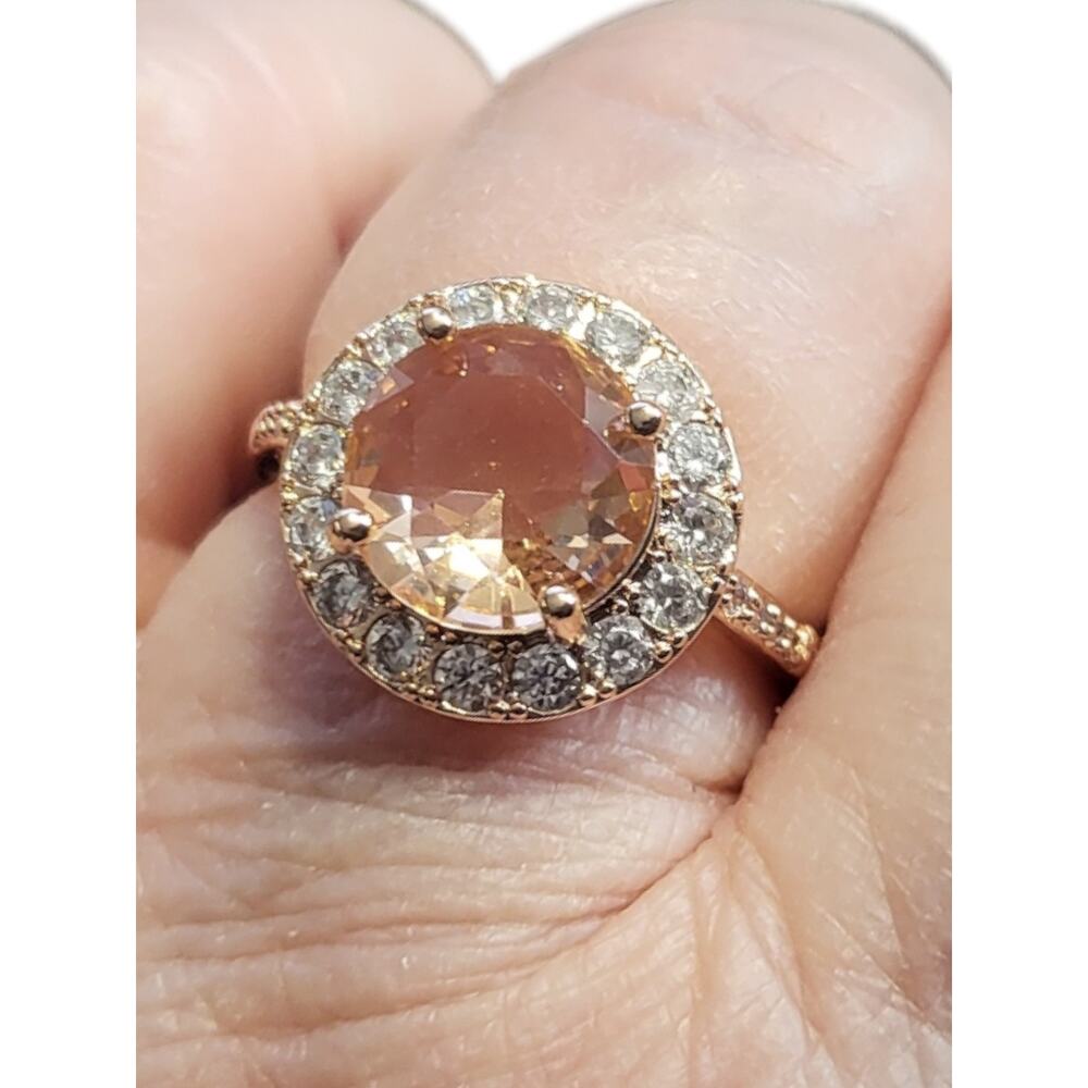 Rose gold Tone Round Created Morganite in Round White Halo Crystal Ring Size 9
